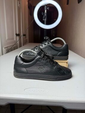 Used FENDI FF Embossed Black Leather Sneakers Sz 37.5 / US 7.5